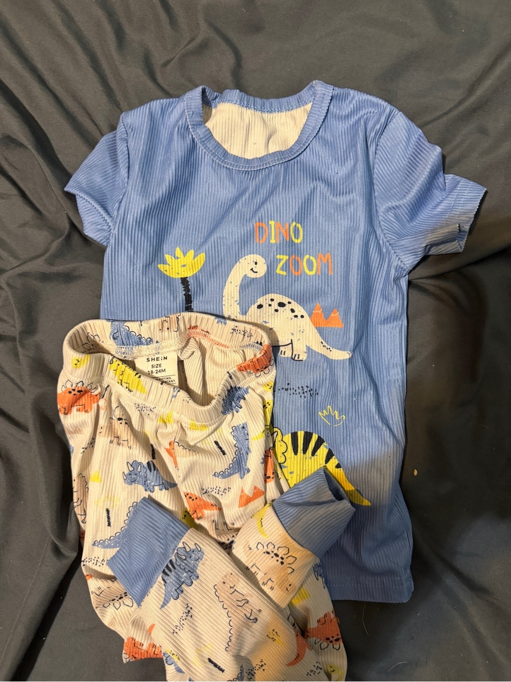 SHEIN Blue 'Dino Zoom' Short Sleeve Kids Pajama Set with Cream Dino Print Pants